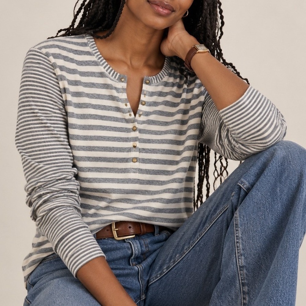 Chaps Womens Henley Top XL 100% Cotton Knit Ribbed White Gray Comfort Granola
